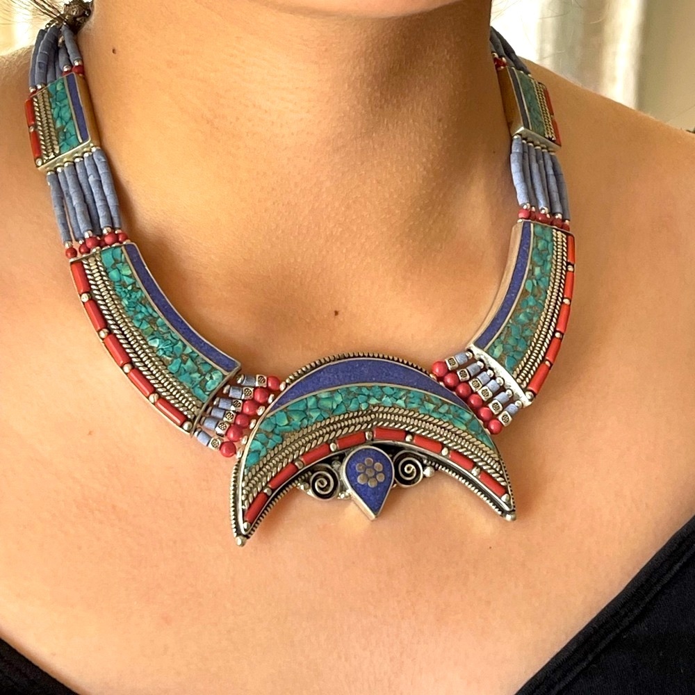 Gorgeous crescent moon Tibetan silver turquoise, lapis and coral necklace - Picture 1 of 5